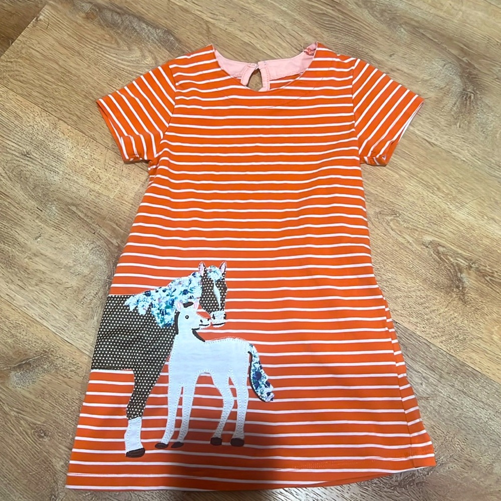 Orange striped horse print embroidered tunic dress girls 4/5 100% cotton